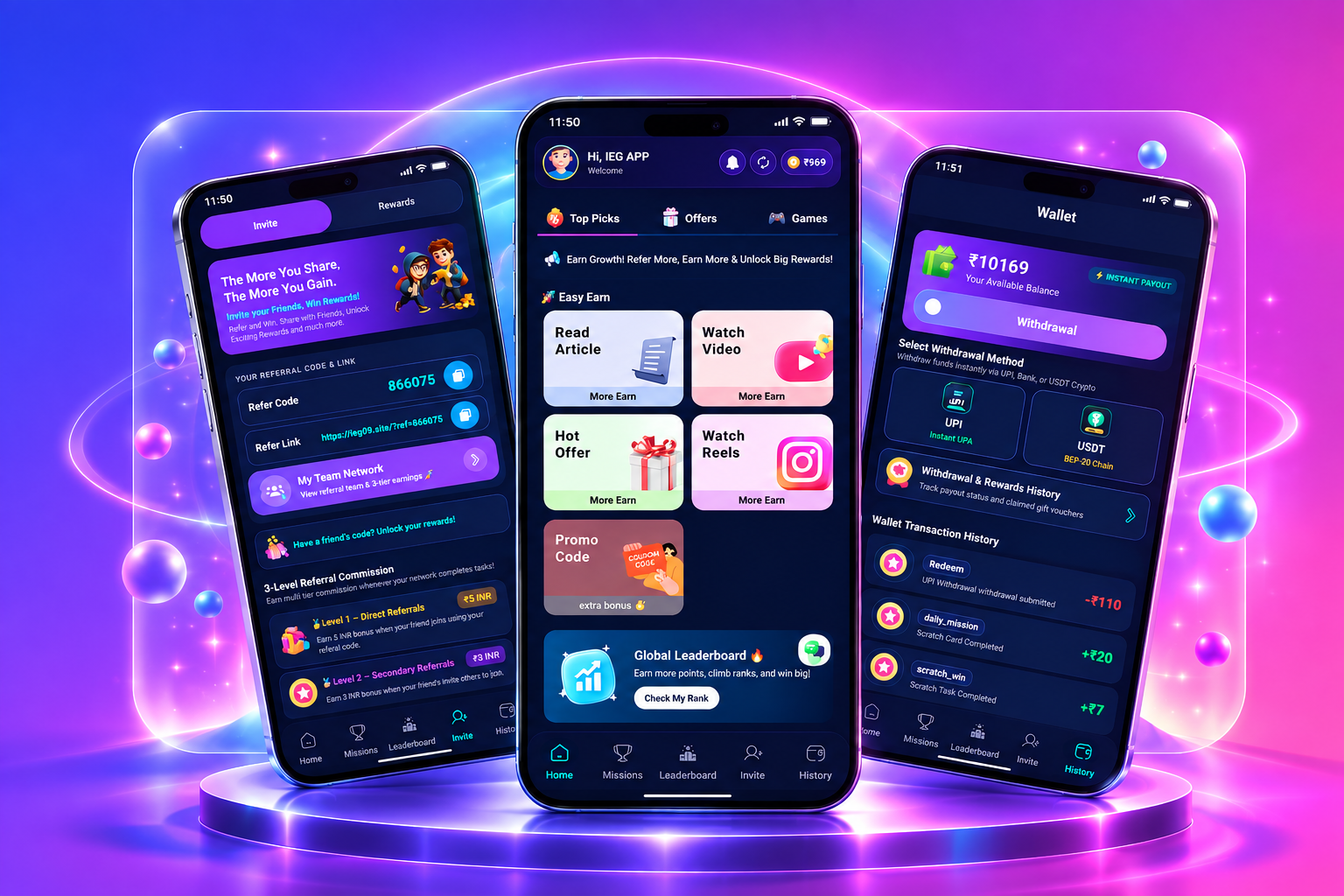 IEG.EARN app preview showing dashboard, rewards and earning features